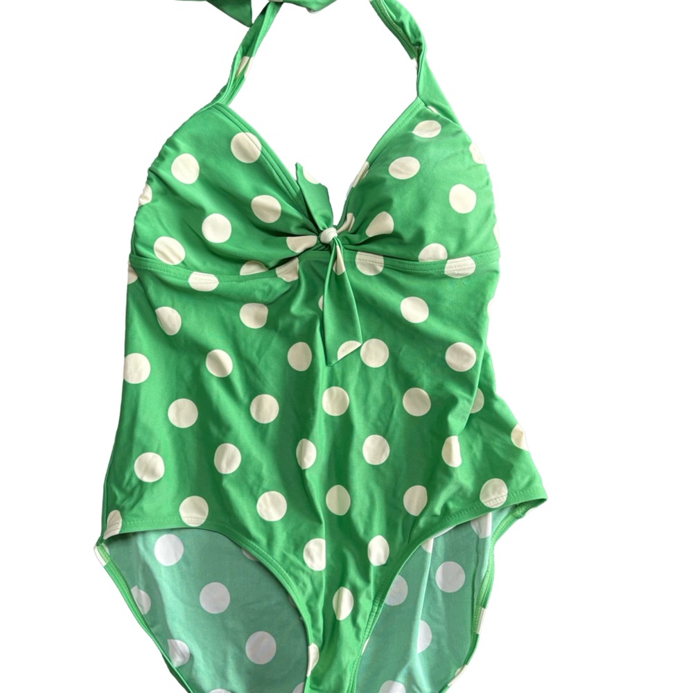 Boden One Piece Green White Polka Dot Swimsuit halter - Picture 2 of 7